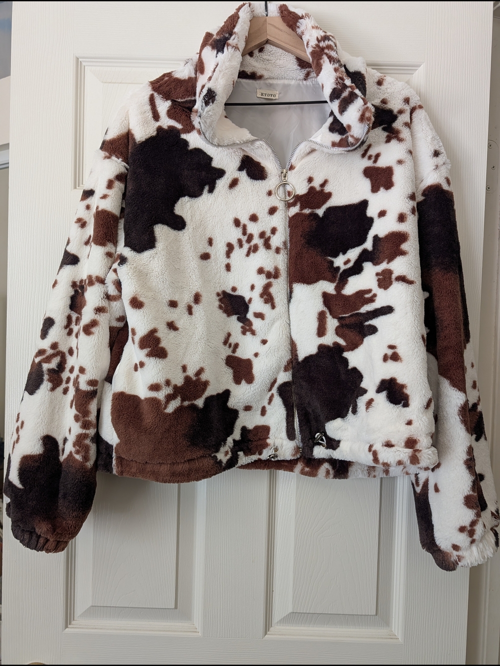 Cozy Cow Print Zip-Up Faux Fur Jacket - Brown & White